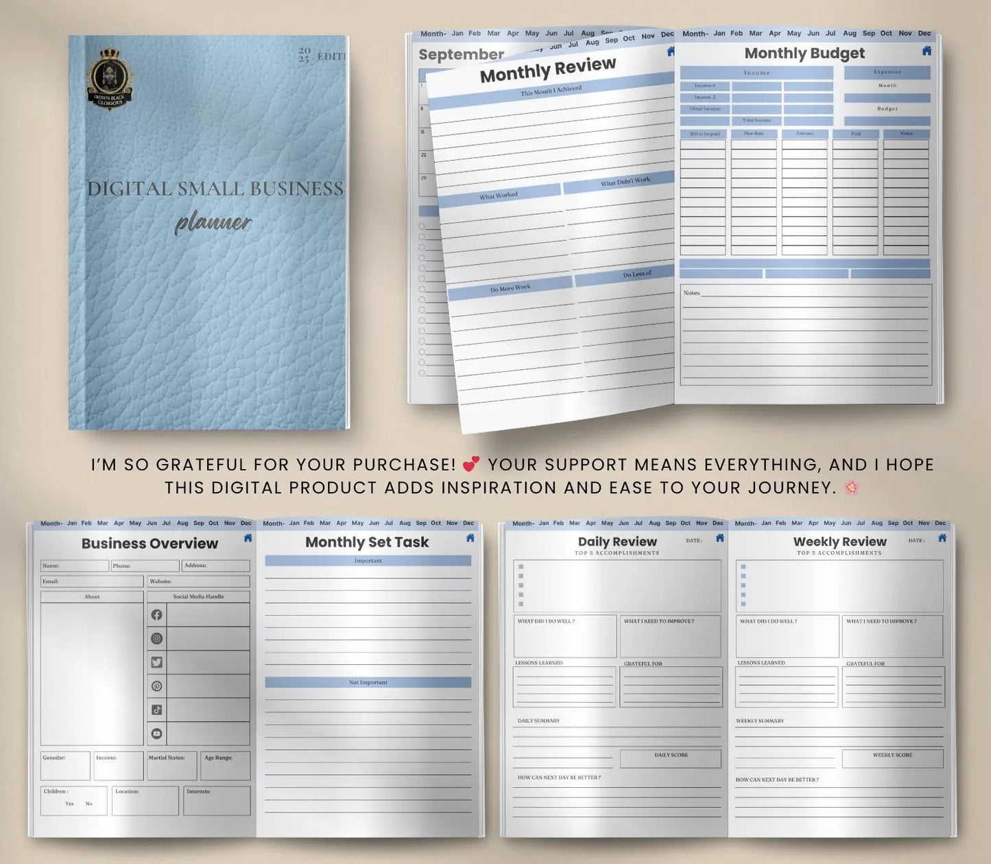Digital Small Business Planner: Finance, Marketing & Goal Tracker (Printable PDF) Grown Black Glorious