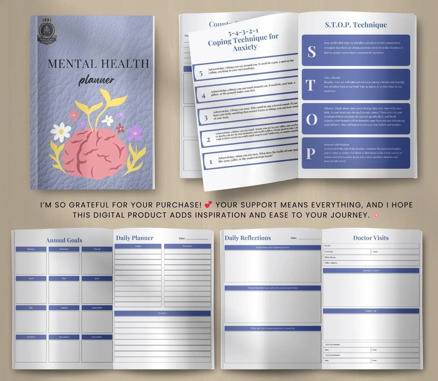 Mental Health Planner: Self-Care Journal & Mood Tracker (Printable Digital Journal) Grown Black Glorious