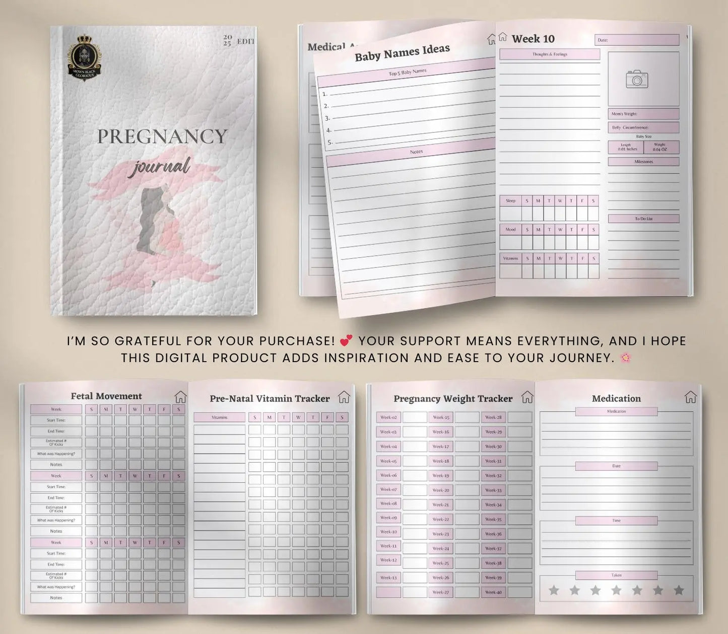 Digital Pregnancy Journal & Tracker: Weekly Symptom Log, Printable PDF Grown Black Glorious