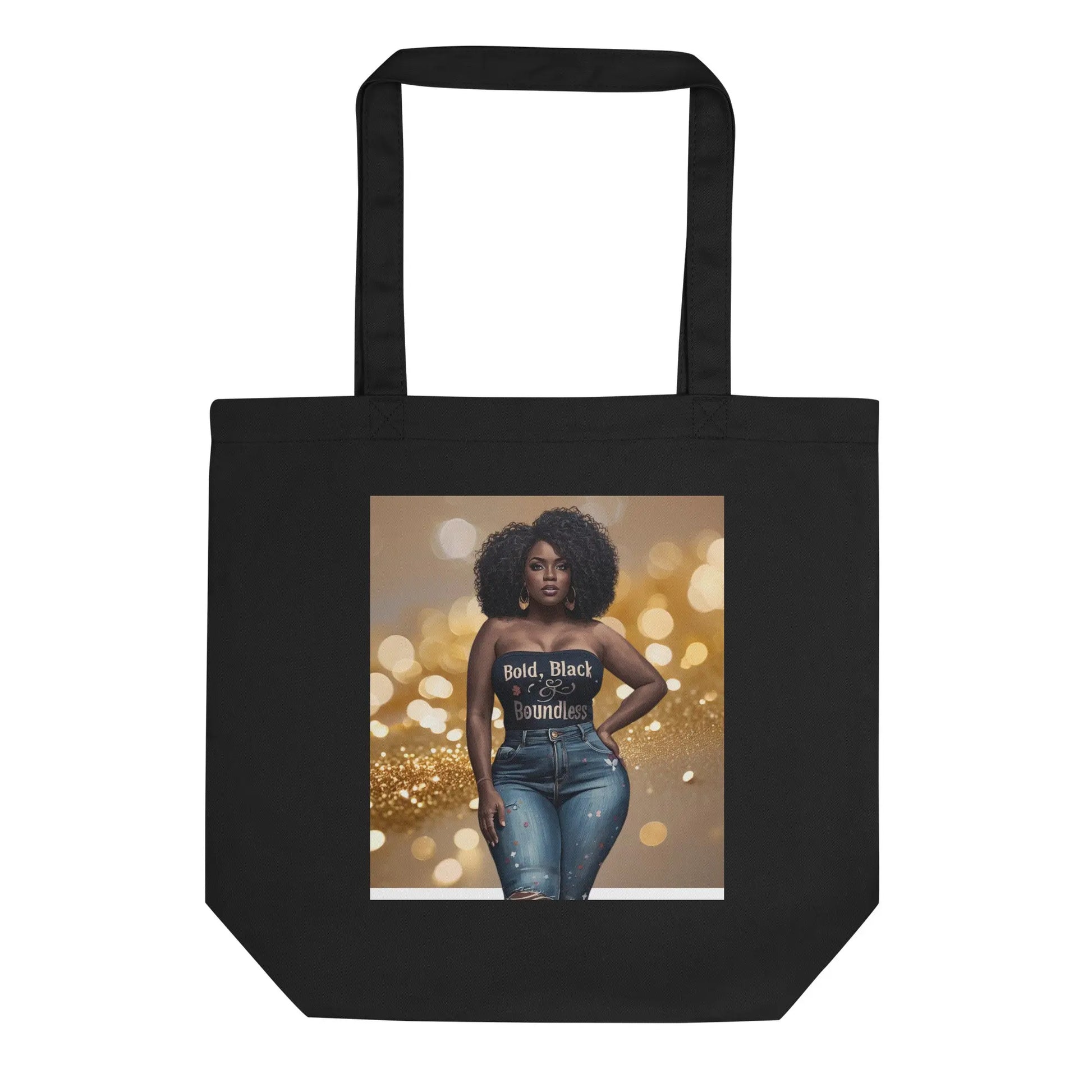 Black woman empowerment tote bag made of organic cotton with gold bokeh background — luxury eco tote featuring confident Black woman portrait and empowerment message.