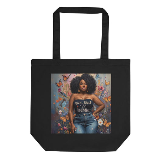 Empowerment tote bag featuring confident Black woman surrounded by butterflies and flowers — Bold Black & Boundless print on eco-friendly organic cotton tote.