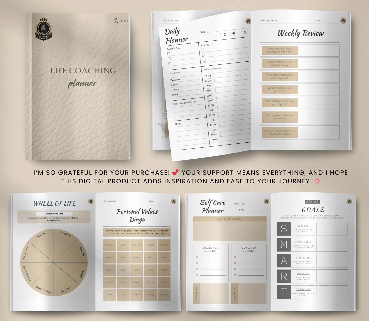 Digital Life Coaching Planner: Goal Setting & Mindset Journal (Printable PDF) Grown Black Glorious