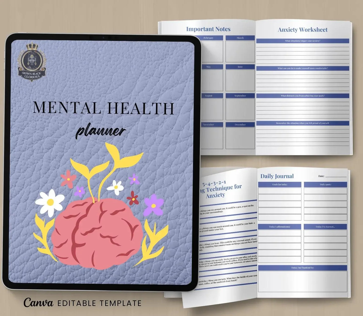 Mental Health Planner: Self-Care Journal & Mood Tracker (Printable Digital Journal) Grown Black Glorious