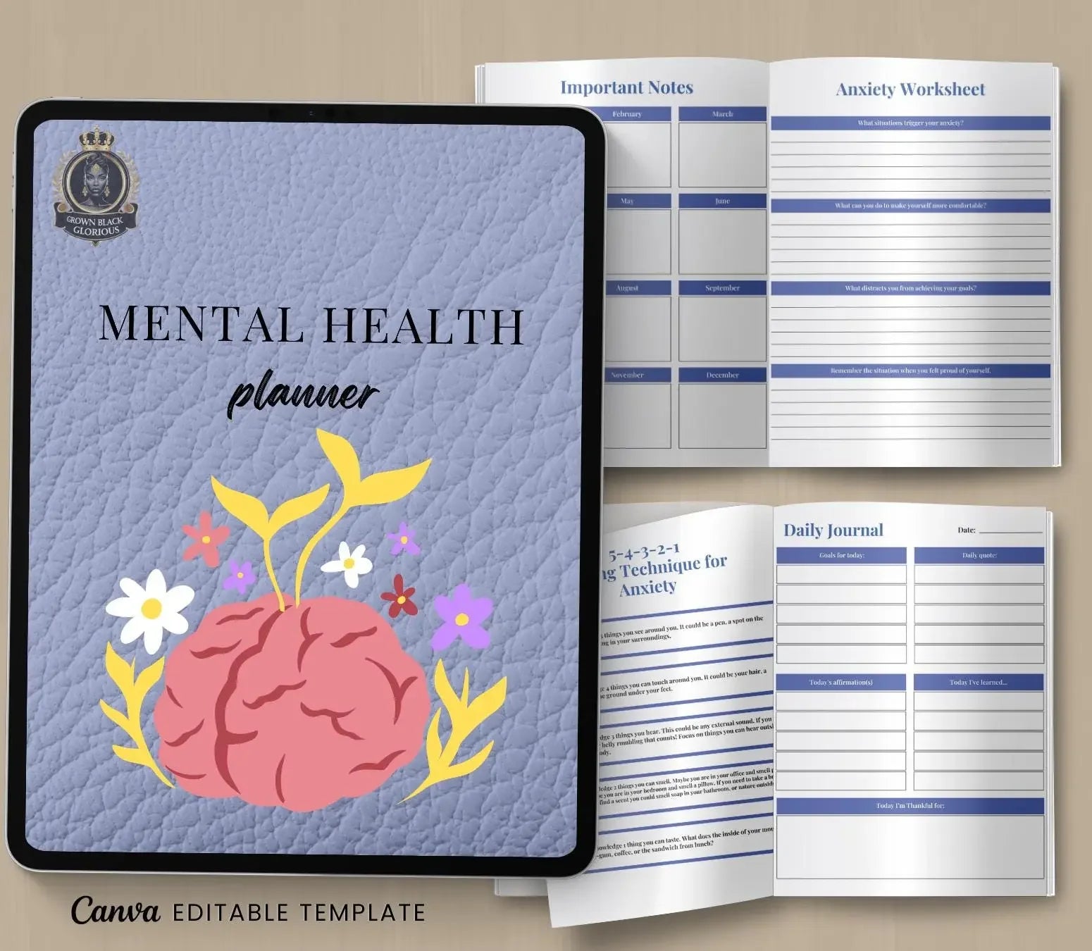Mental Health Planner: Self-Care Journal & Mood Tracker (Printable Digital Journal) Grown Black Glorious