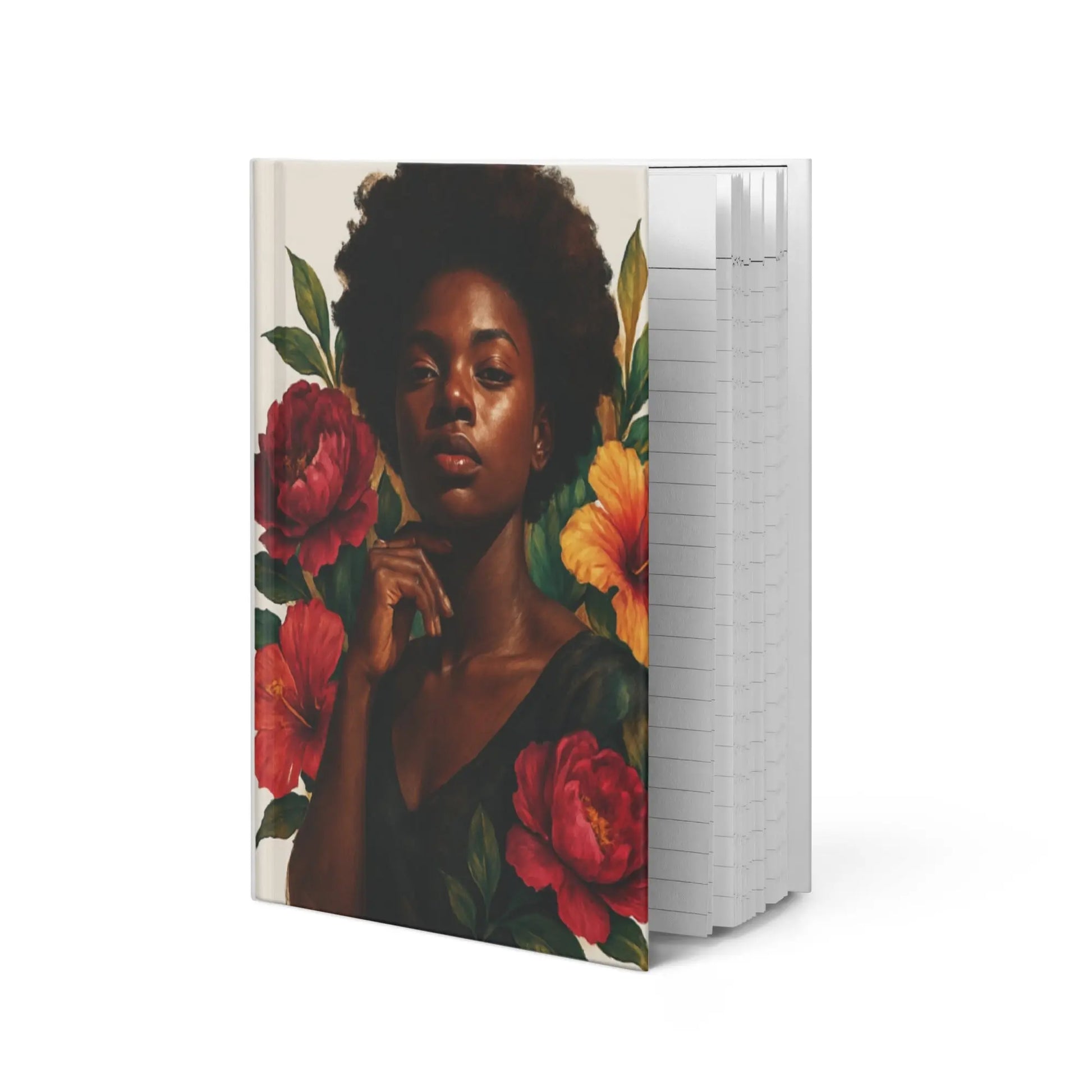 Beautiful Black woman surrounded by vibrant pink and yellow roses with flowers in her hair on hardcover journal for Black women, self-care and empowerment notebook. For Black Women Self-Care and Emotional Wellness.