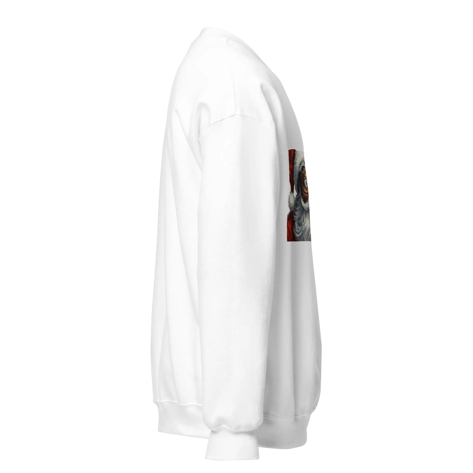 Side and folded view of soft cotton-blend Christmas sweatshirt showing festive design and ribbed cuffs.