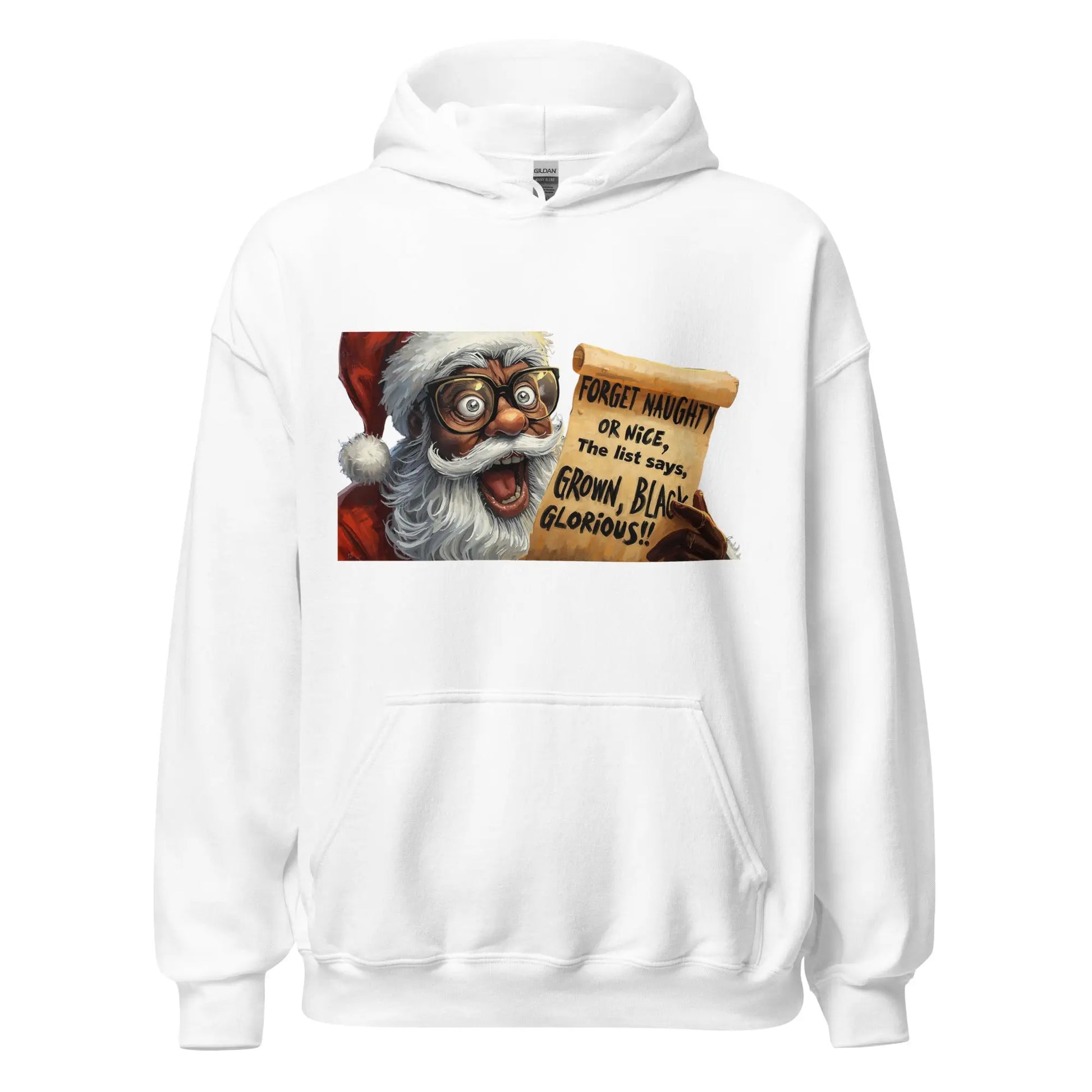 Black woman empowerment Christmas hoodie with Afrocentric Santa design and Grown Black Glorious message.